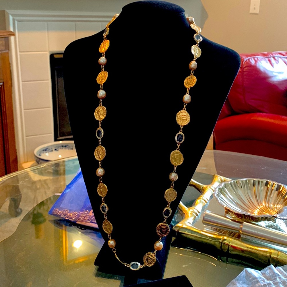 Vintage designer faux gold coin, crystal, & faux Pearl long necklace, 36”.